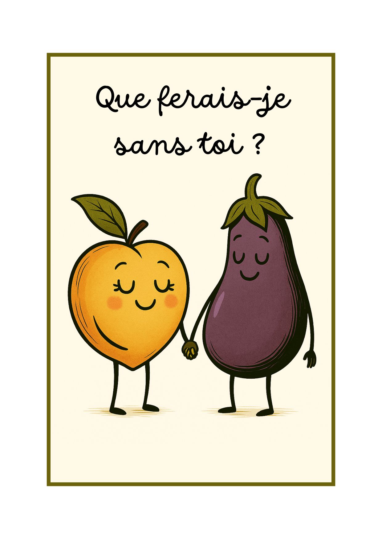 Illustration kawaii pêche et aubergine se tenant la main - Carte amour humour coquine.