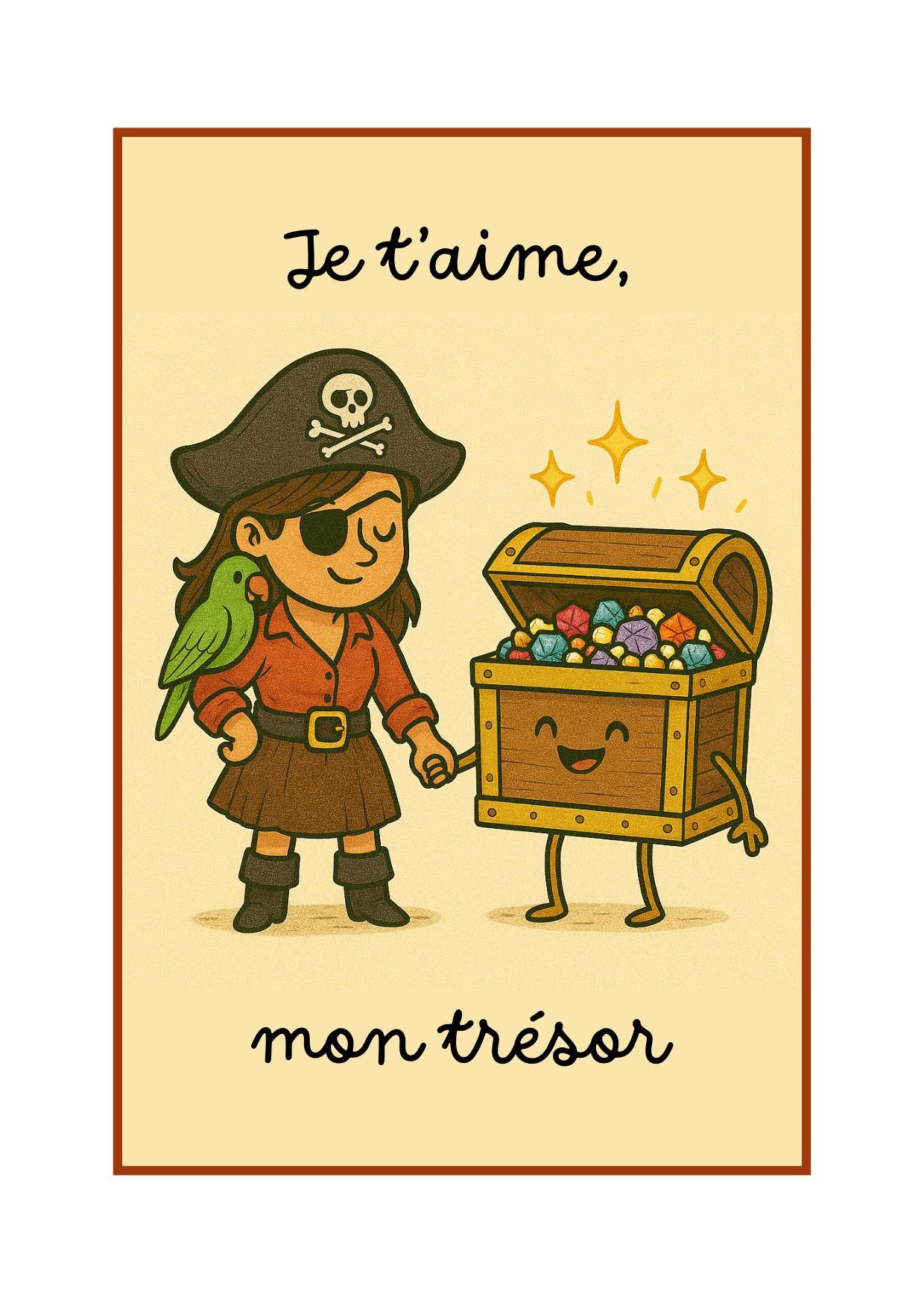 Illustration mignonne pirate et coffre au trésor se tenant la main - Texte Je t'aime mon trésor.