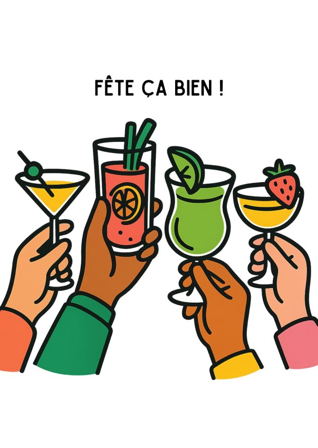 Illustration vectorielle de mains qui trinquent avec des cocktails colorés - Texte Fête ça bien.