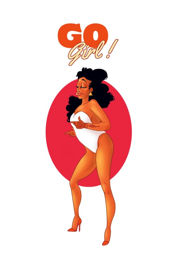 Illustration femme dynamique sur fond rouge - Texte Go Girl pour encouragement.
