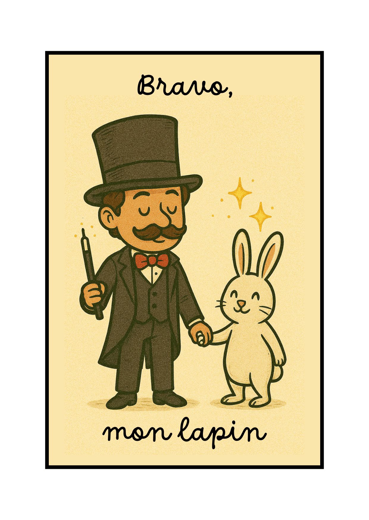 Illustration magicien et lapin mignons se tenant la main - Texte Bravo mon lapin.