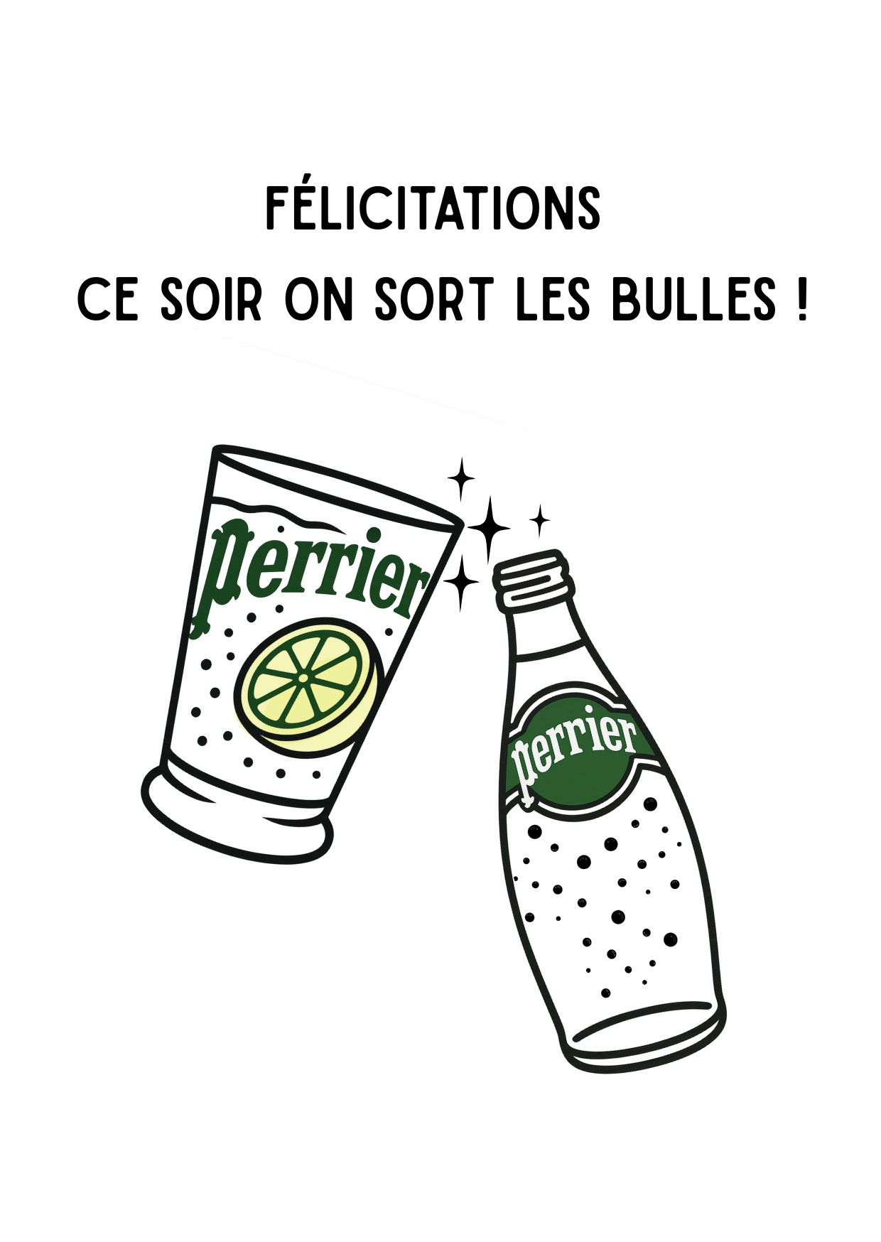 Illustration humoristique bouteille eau gazeuse et verre - Ce soir on sort les bulles.