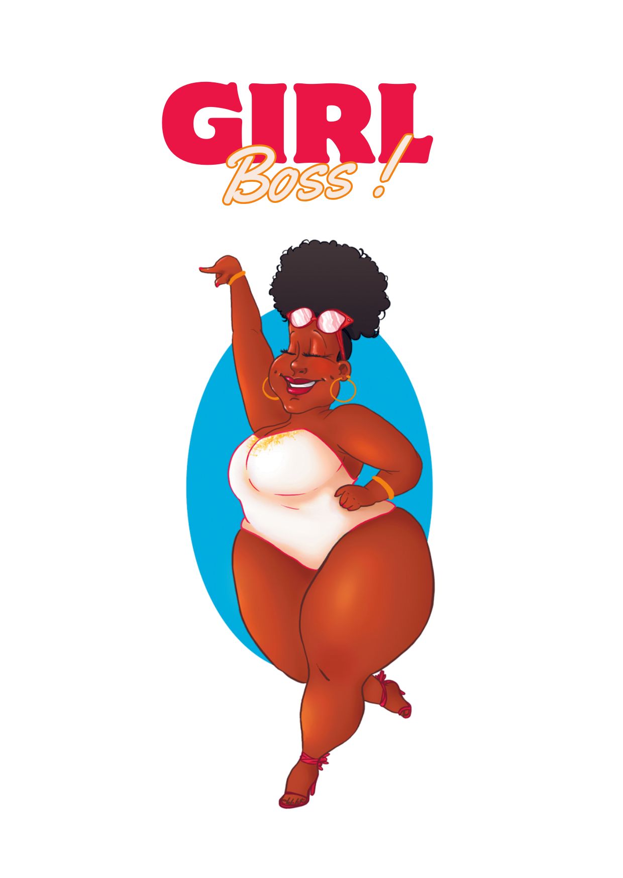 Illustration femme noire joyeuse et confiante - Texte Girl Boss pour félicitations professionnelles.