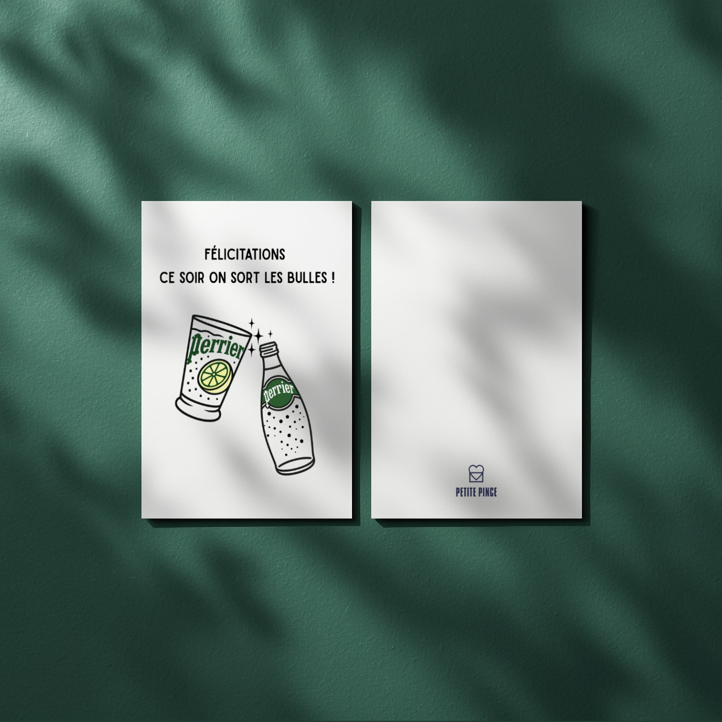 Carte recto verso sur fond vert émeraude marque Petite Pince.