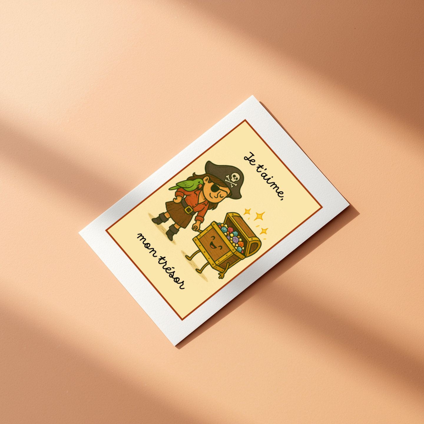 Jolie carte illustrée pour dire je t'aime à son enfant ou son conjoint. Fond sable chaud.