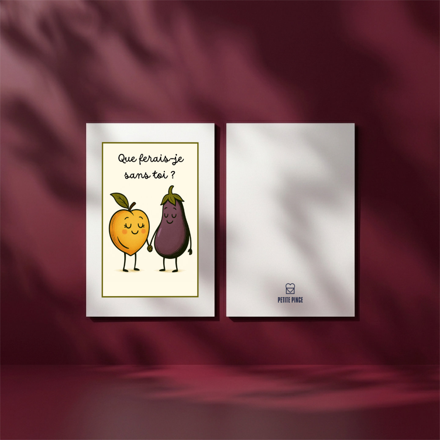 Carte recto verso marque Petite Pince humour couple. Fond rouge torride