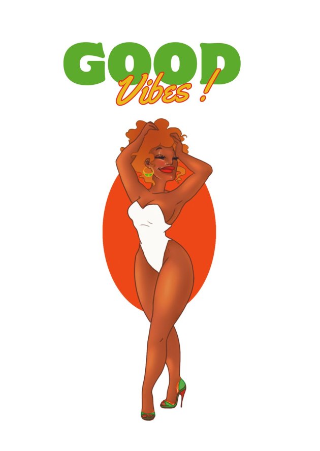 Illustration femme afro solaire maillot blanc texte Good Vibes - Carte ondes positives.