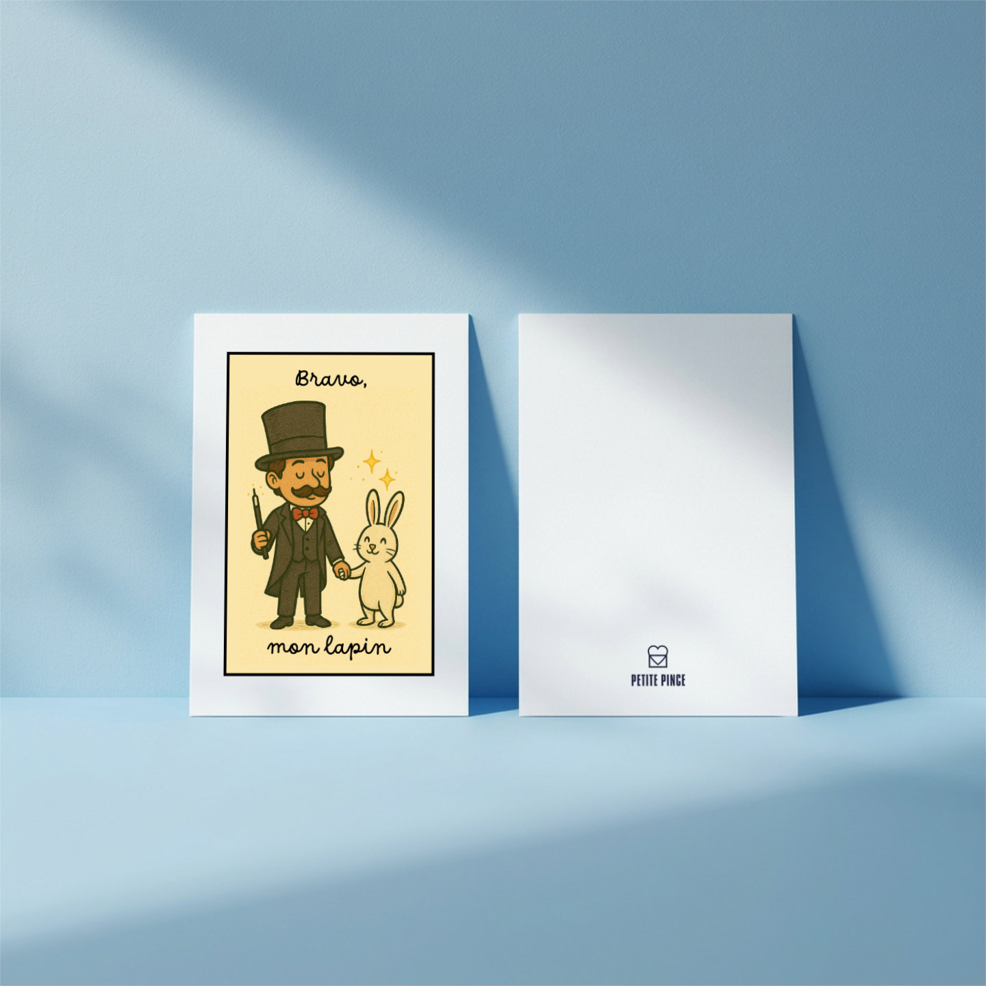 Carte recto verso marque Petite Pince illustration dessin animé magique