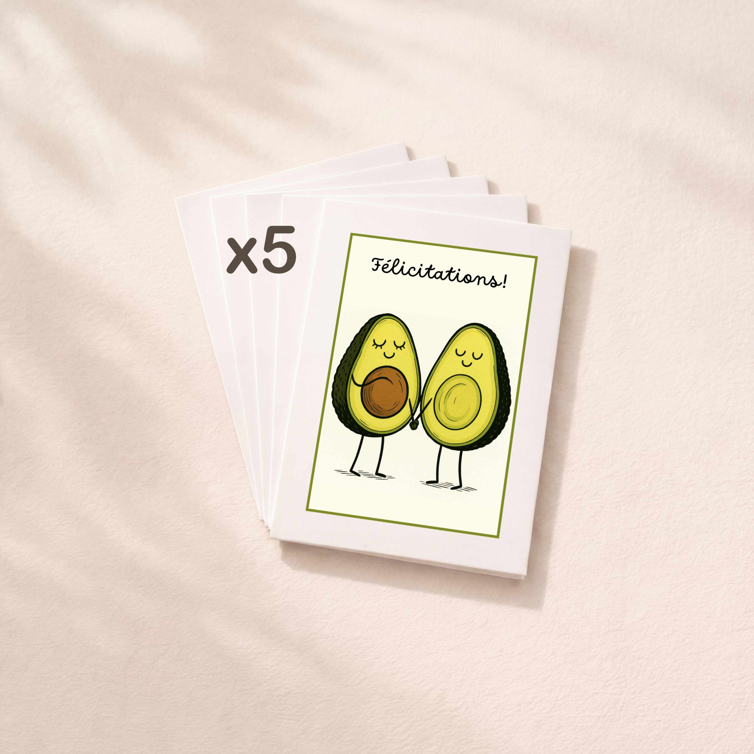 Lot de 5 cartes félicitations motif avocats pour future maman ou baby shower.