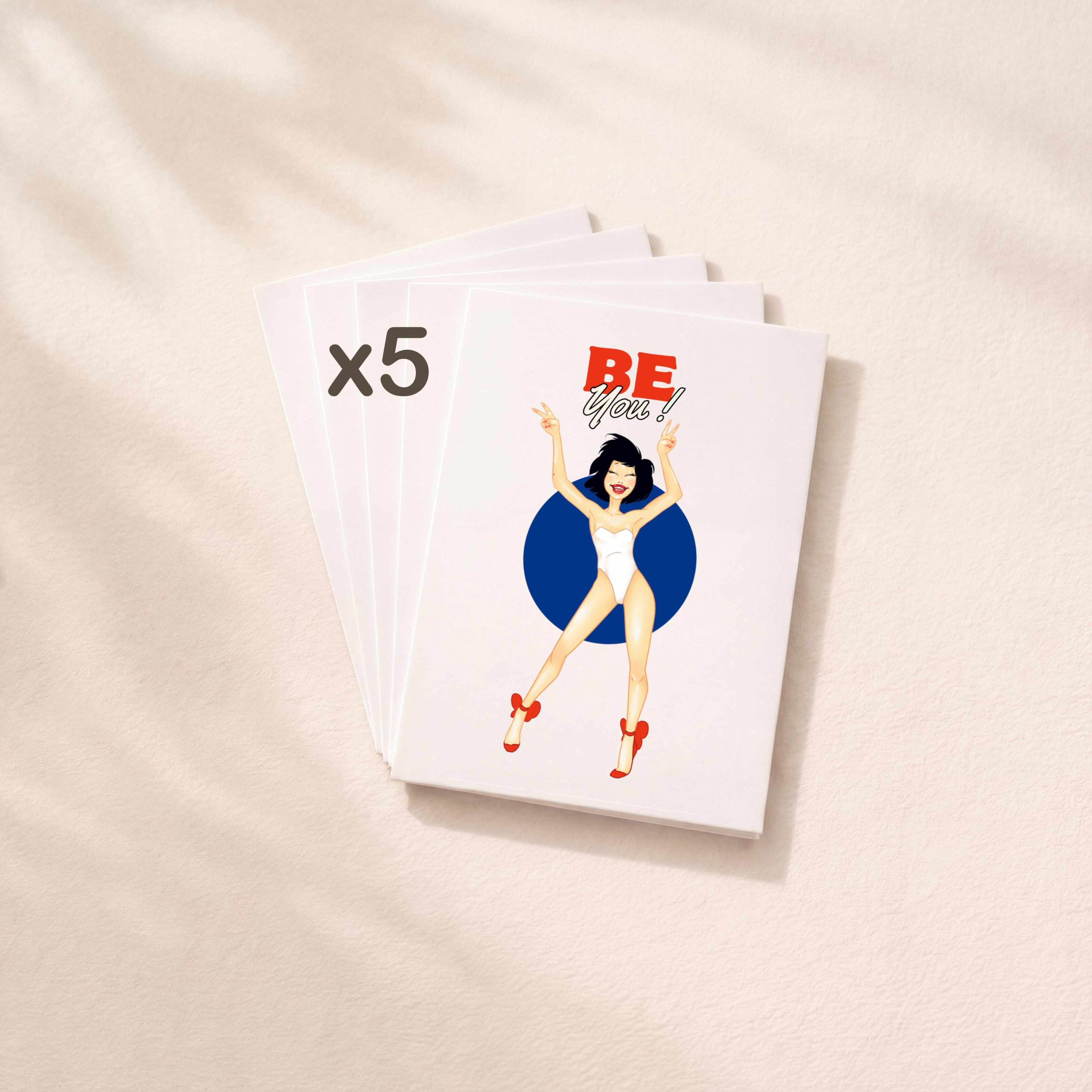 Lot de 5 cartes positives Be You pour célébrer l'authenticité et la joie de vivre.