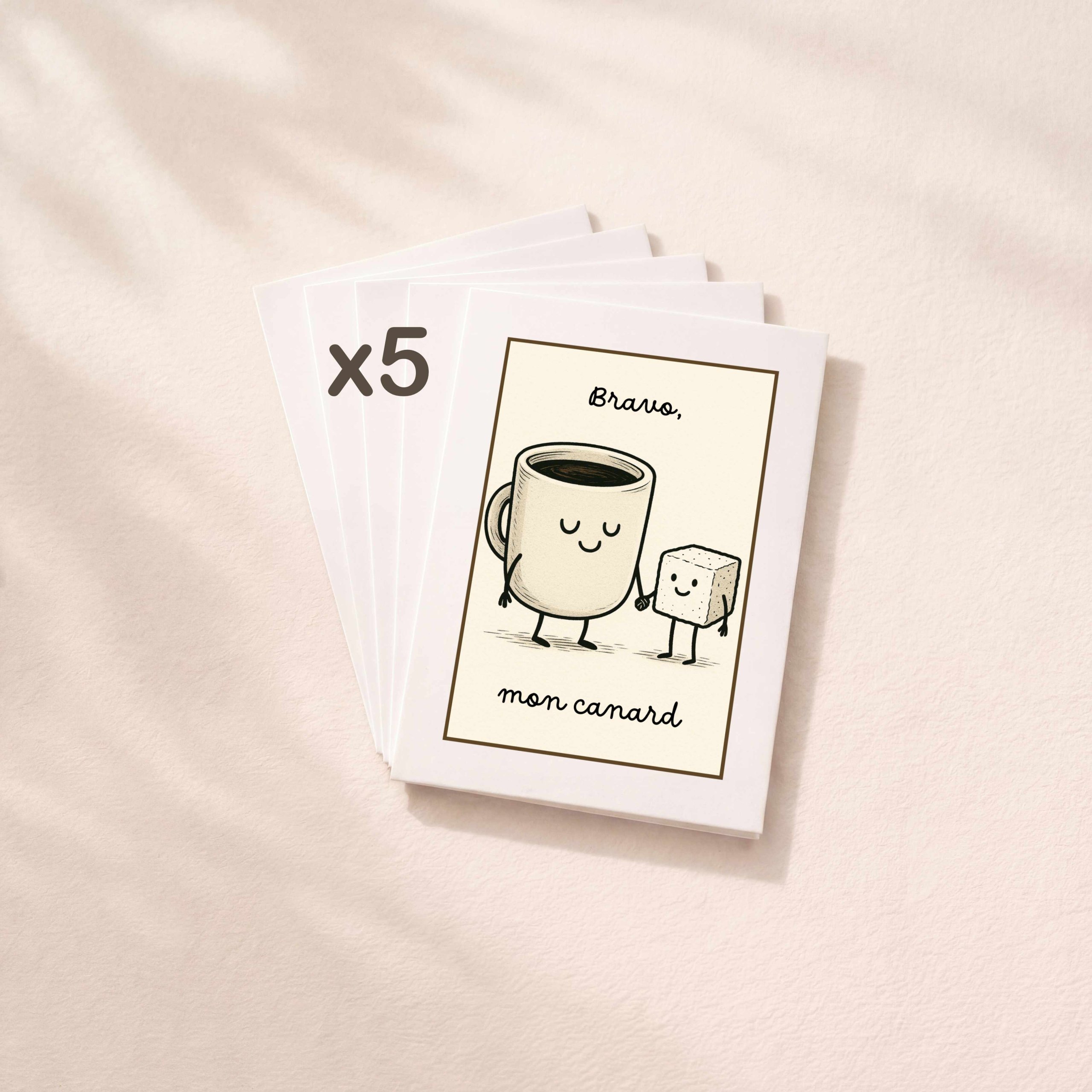 Lot de 5 cartes de vœux illustration kawaii café sucre pour félicitations ou amour.