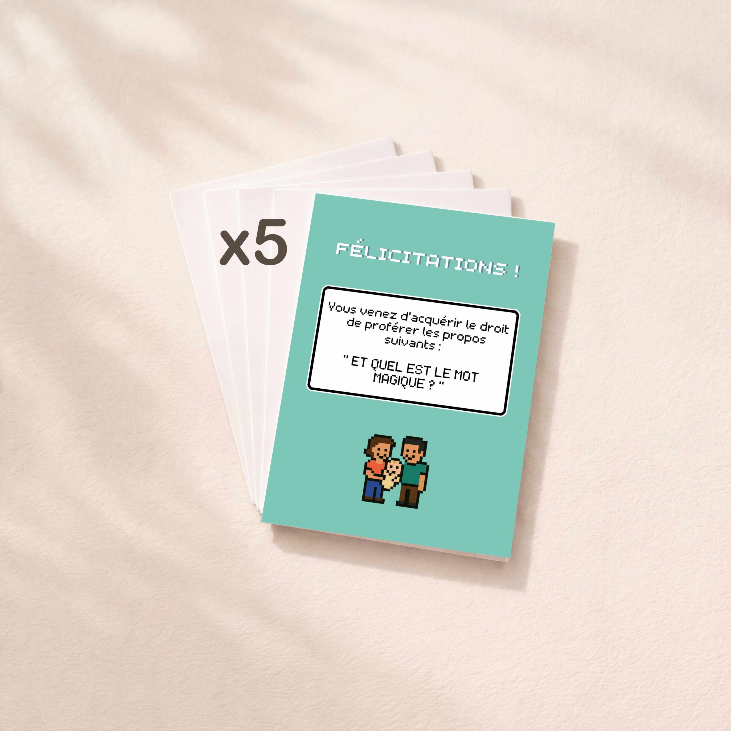 Lot de 5 cartes de vœux naissance originales pour parents geeks et fans de jeux vidéo.