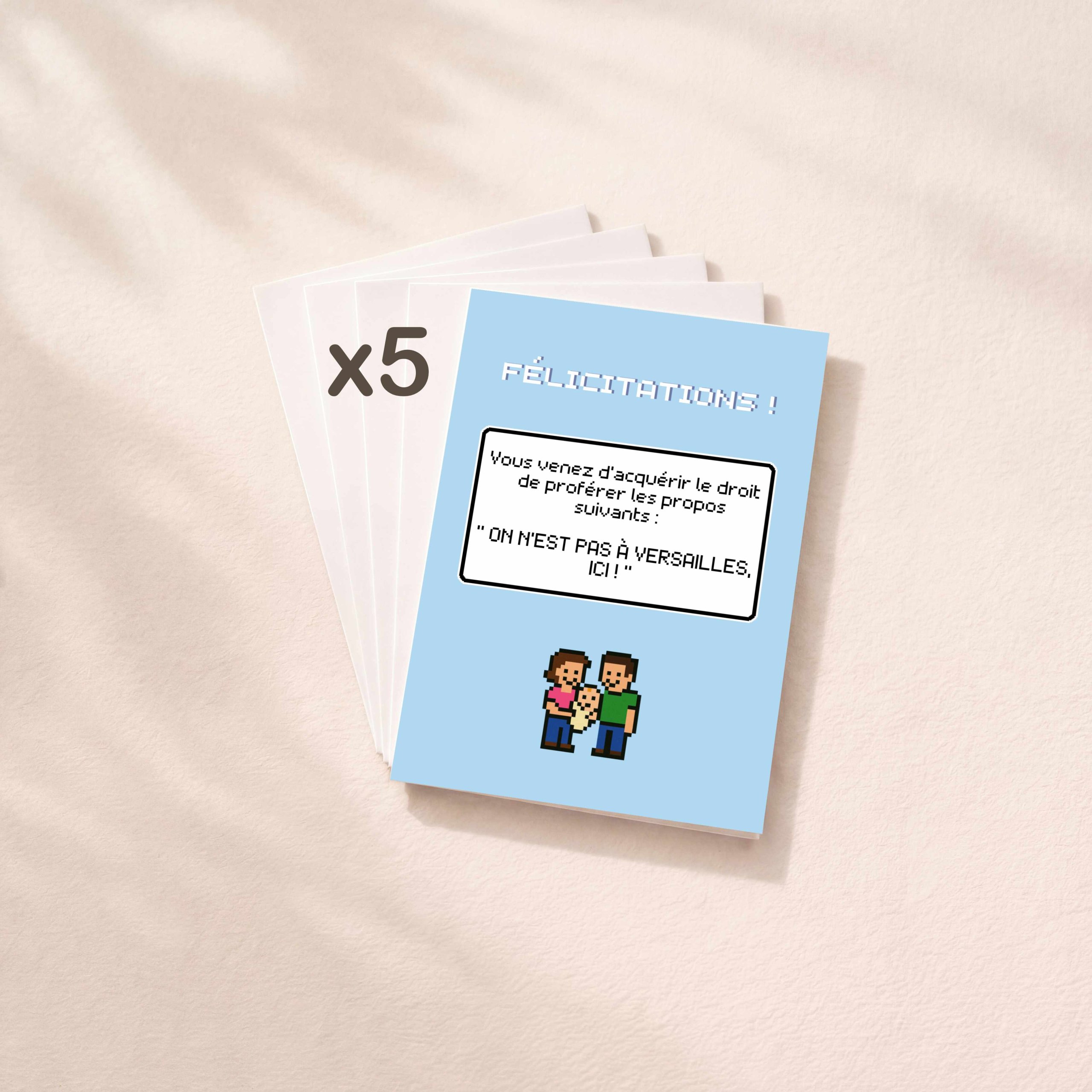 Lot de 5 cartes de vœux naissance originales pour parents geeks et phrase culte.