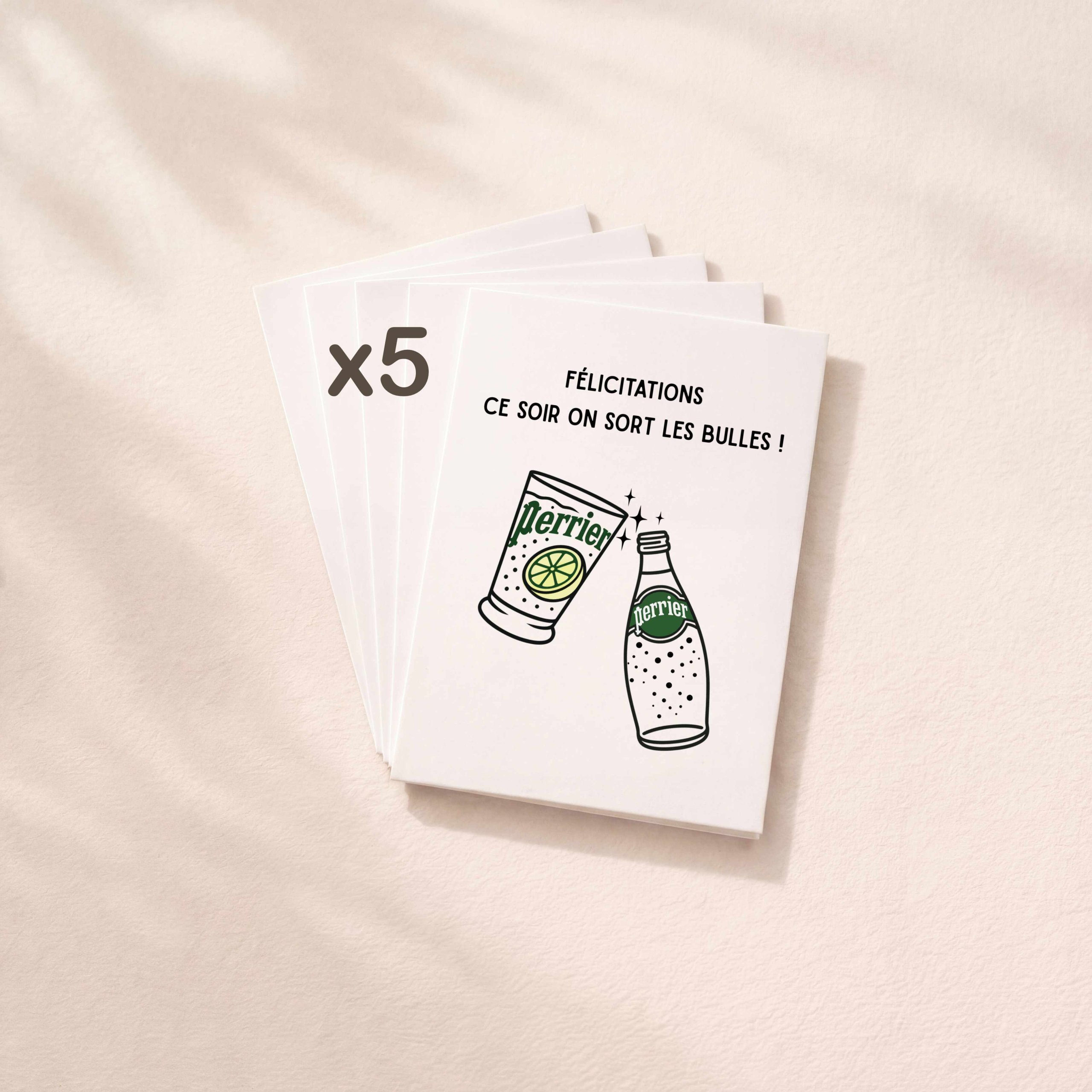 Lot de 5 cartes félicitations drôles motif eau pétillante style Perrier.