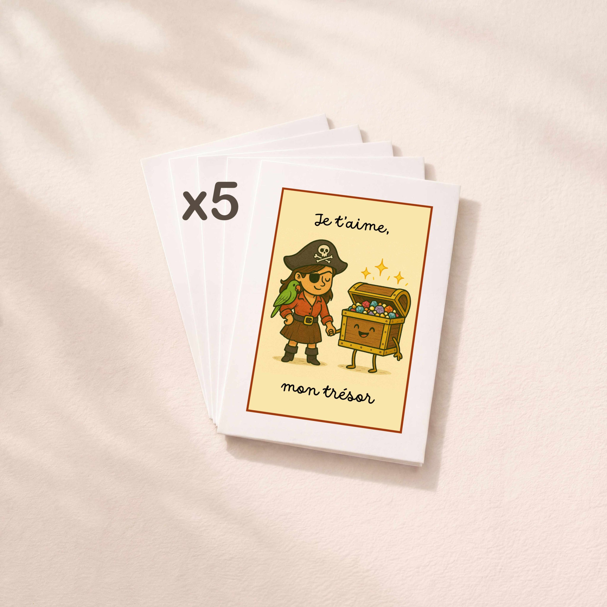 Lot de 5 cartes de vœux déclaration d'amour thème pirate et chasse au trésor.