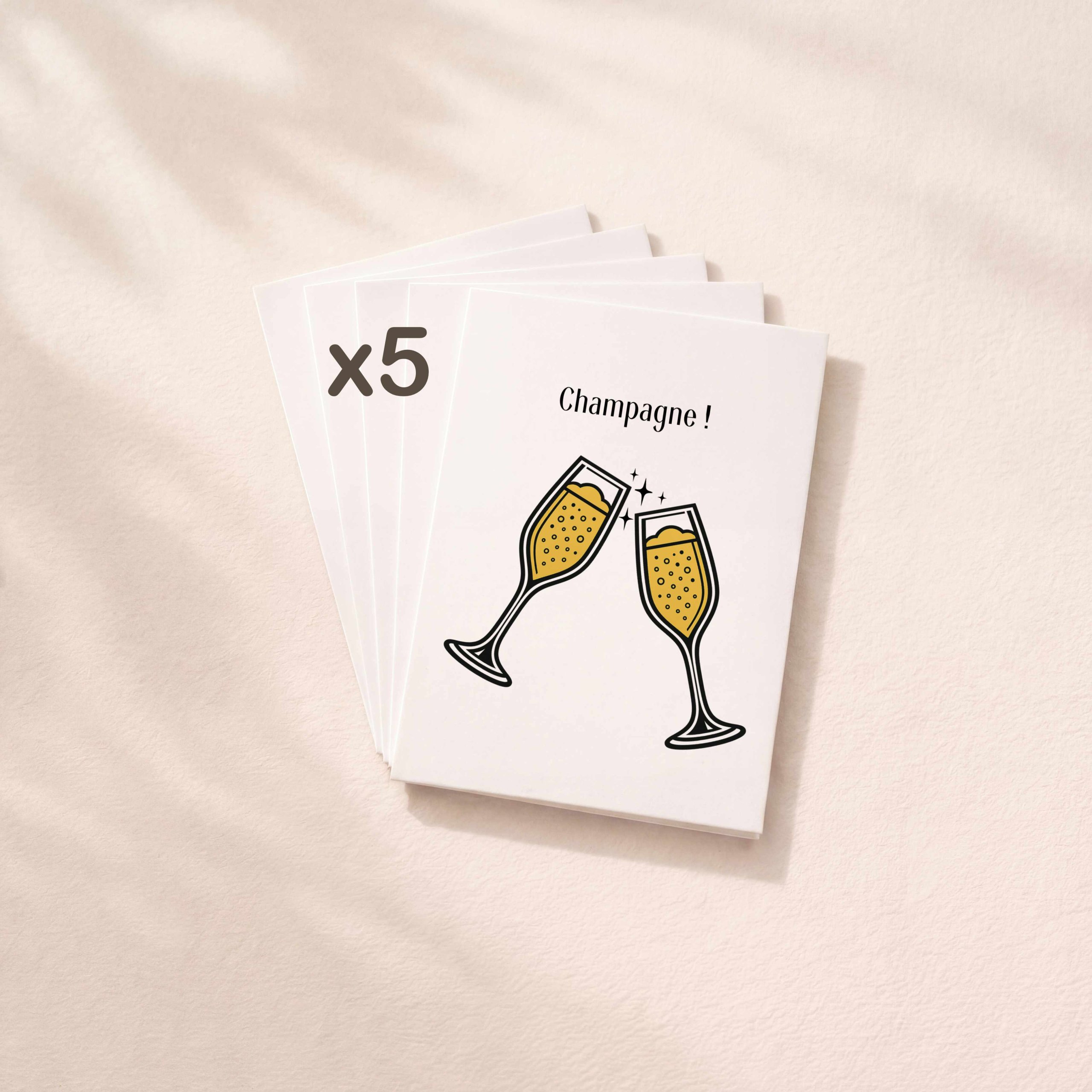 Lot de 5 cartes de vœux motif Champagne pour fêtes, anniversaires et nouvel an.