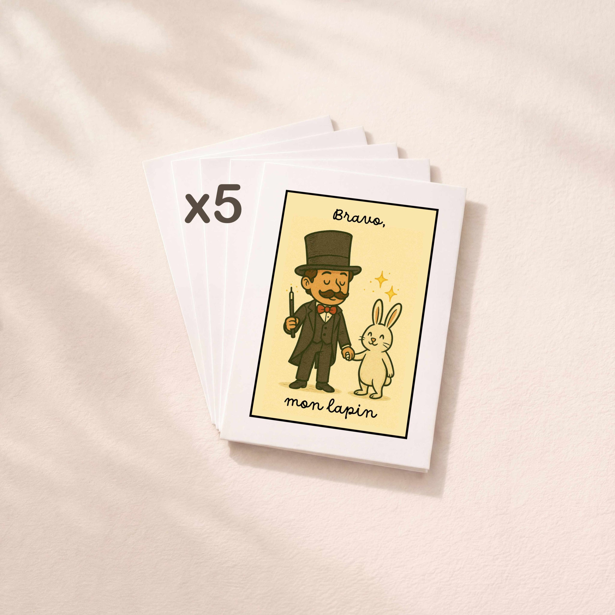 Lot de 5 cartes de vœux illustration magicien pour félicitations amoureuses ou amicales.
