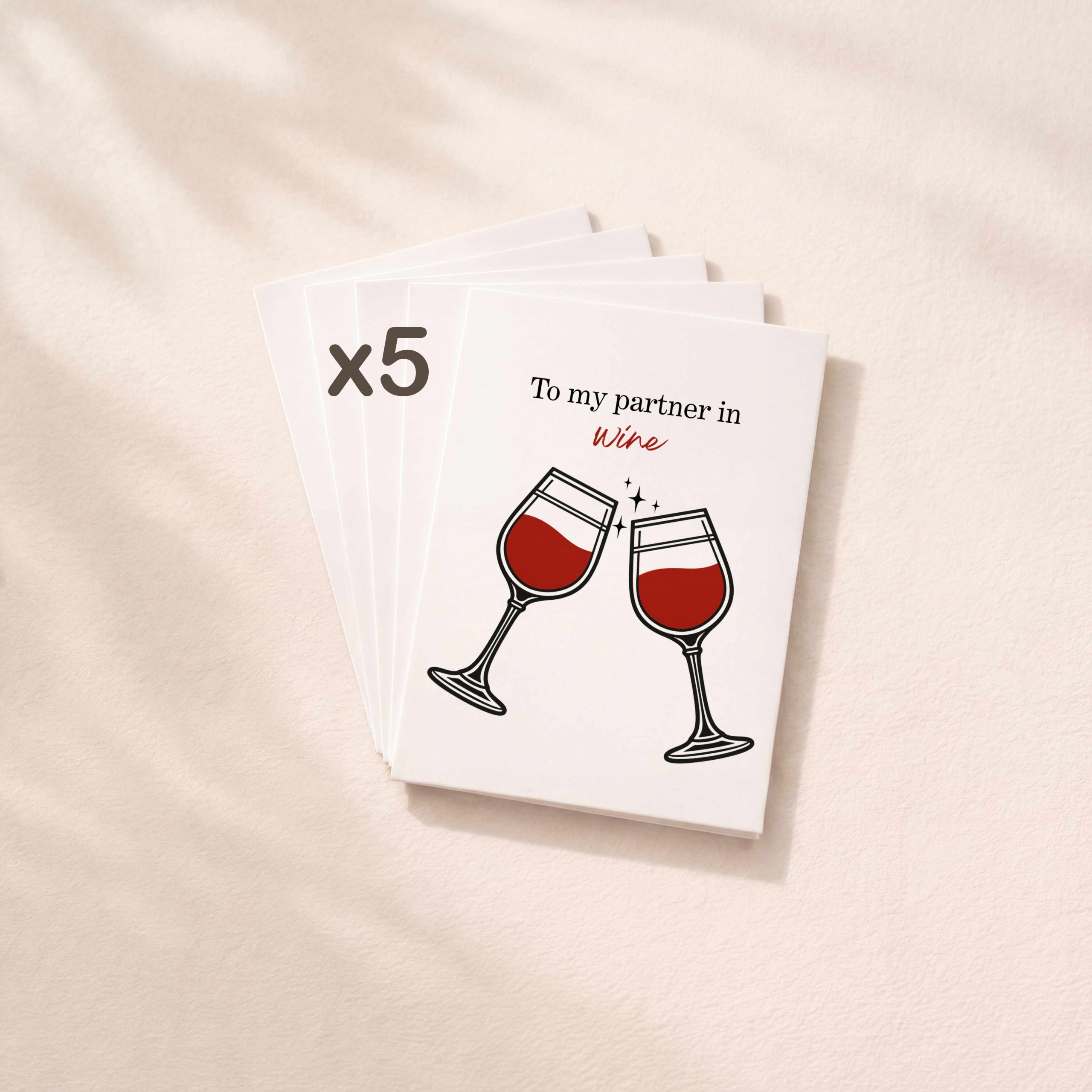 Pack de 5 cartes humoristiques Partner in Wine pour amis et amateurs de vin.