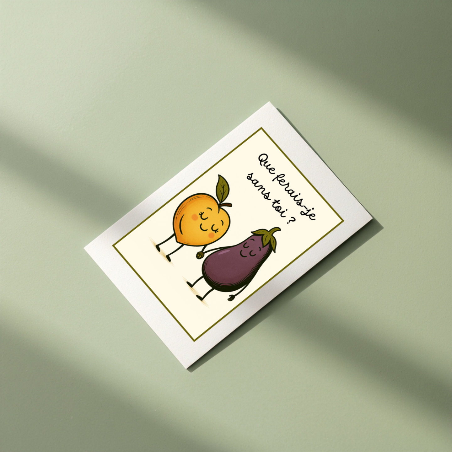 Carte de déclaration d'amour drôle avec sous-entendu posée sur fond vert sauge.