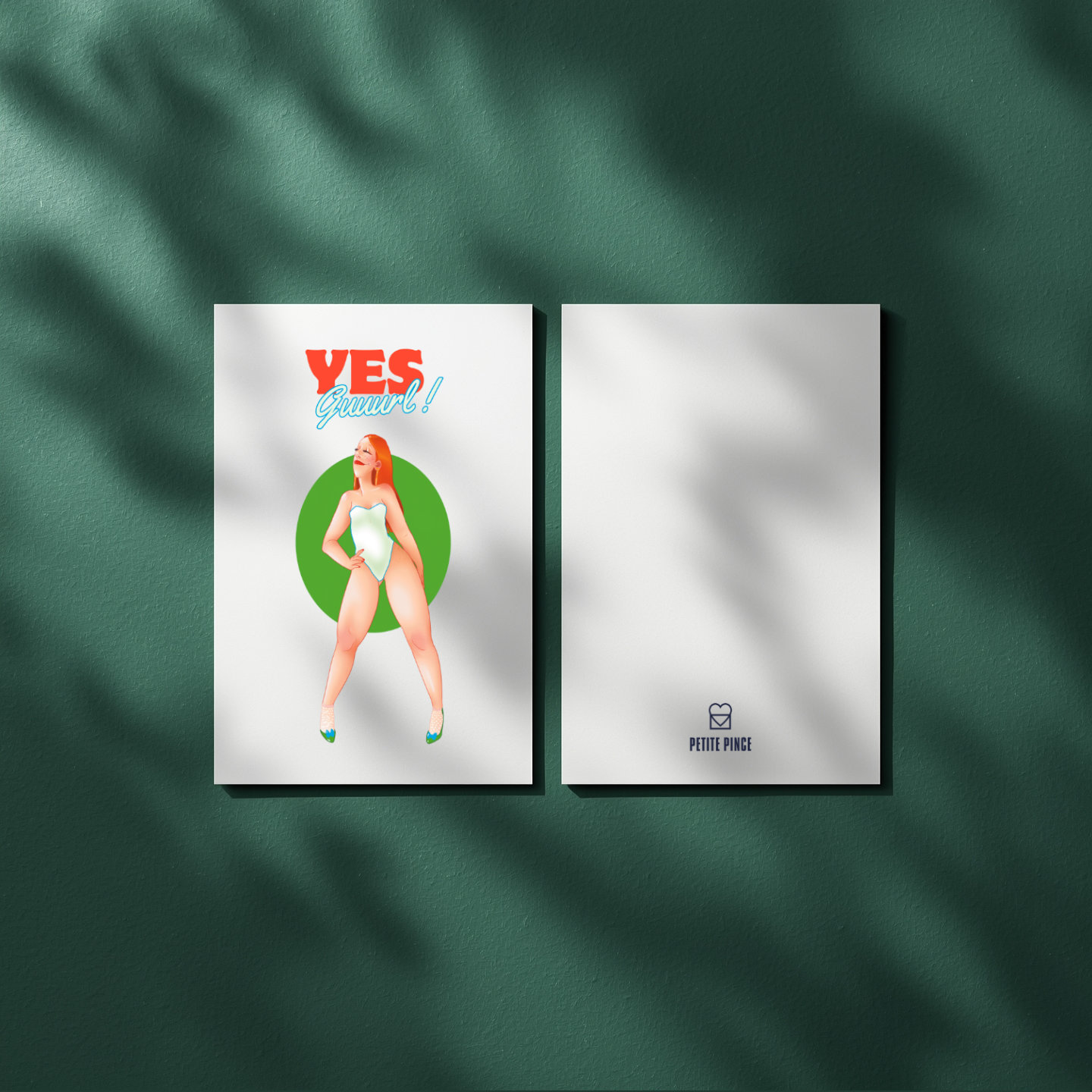 Carte de vœux moderne style pin-up attitude sassy posée sur fond vert amazonie.